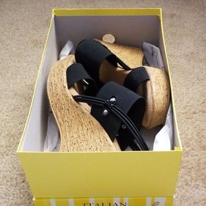 Cork heel black elastic strap summer sandals